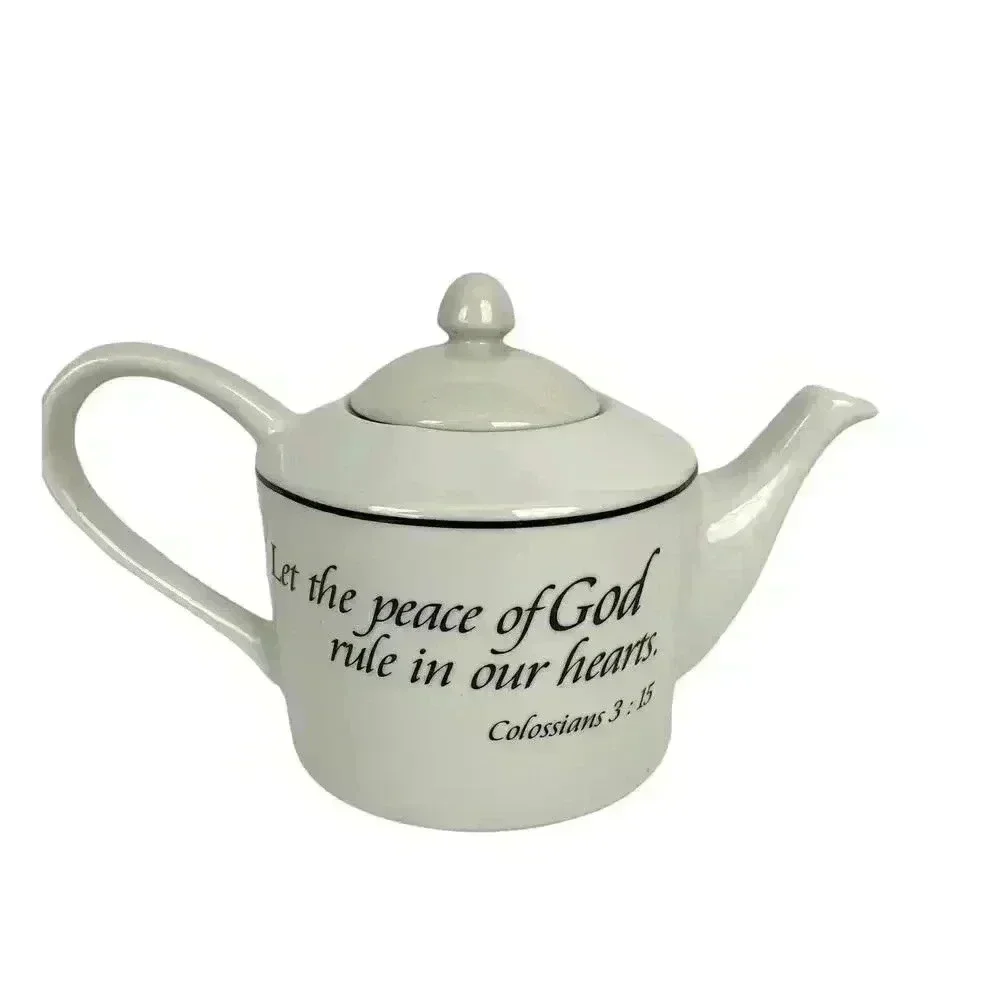 White Scripture Teapot Colossians 3:15‎ Peace of God Rule Hearts Microwave Safe